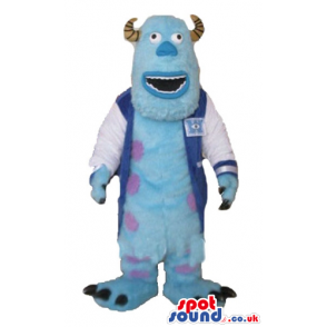 Light-blue monster with brown horns and purple dots wearing a