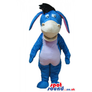 Blue donkey with a white belly, pink ears and black hair -