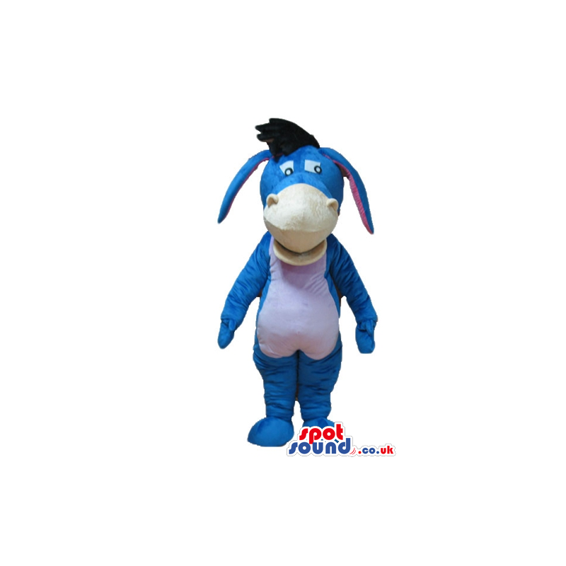 Blue donkey with a white belly, pink ears and black hair -