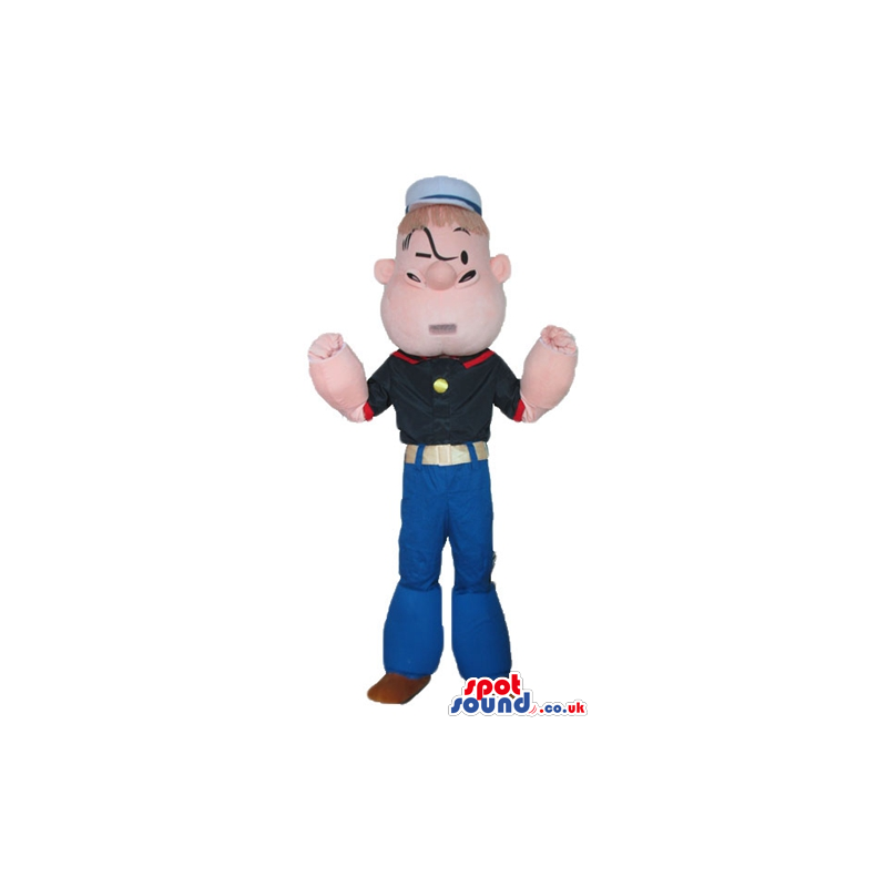 Popeye wearing a black t-shirt, blue trousers and a white sailr