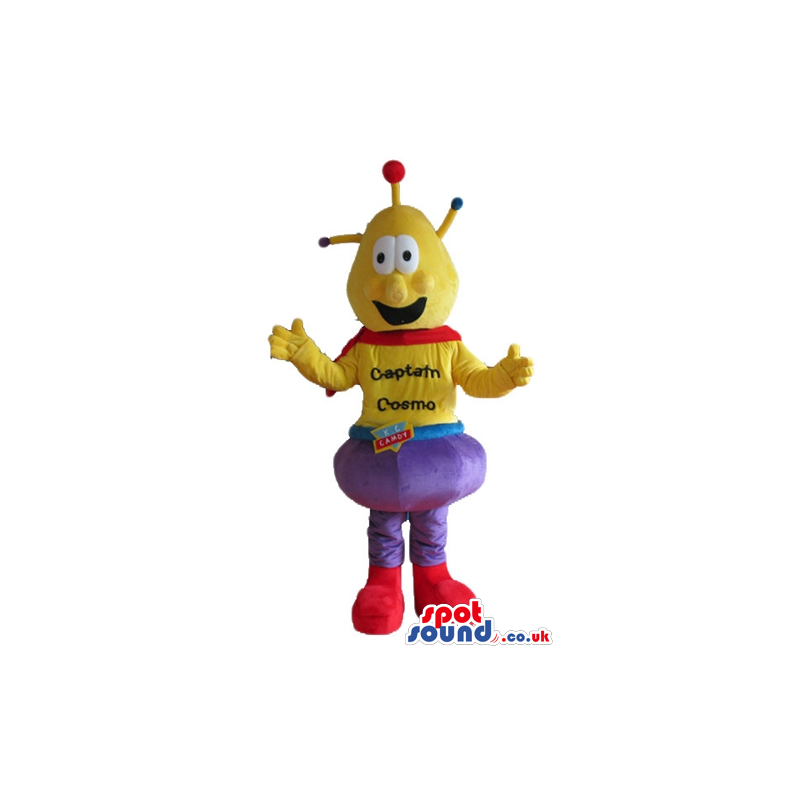 Yellow bug with antennae wearing violet trousers and red shoes