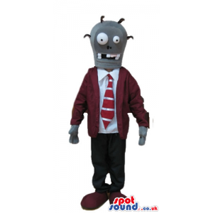 Grey monster wearing a white shirt, a red and black tie, a