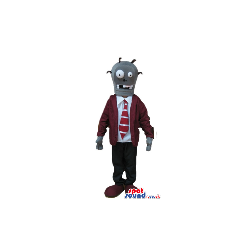 Grey monster wearing a white shirt, a red and black tie, a