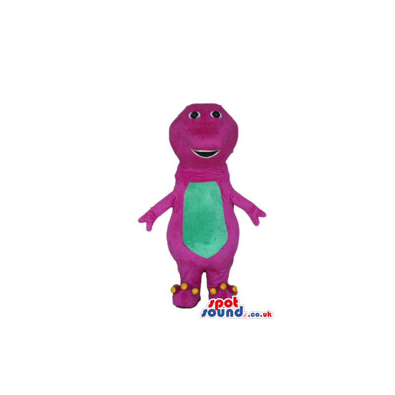 Pink dinosaur with green belly and white teeth - Custom Mascots