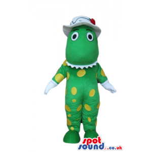 Green dinosaur with yellow dots wearing a white hat and gloves