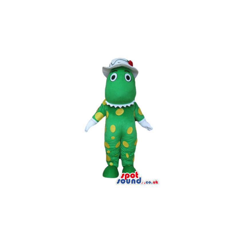 Green dinosaur with yellow dots wearing a white hat and gloves