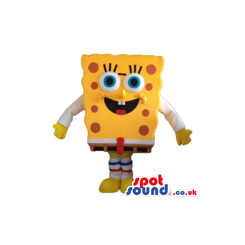 Sponge bob wearing brown trousers, a black belt and shoes