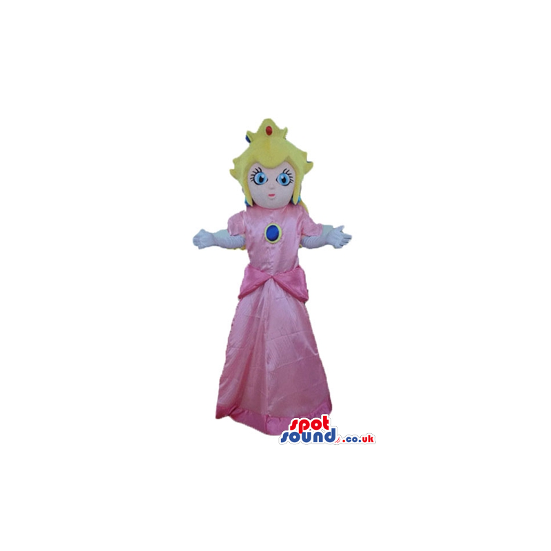 Blonde princess with light-blue eyes wearing a long pink dress