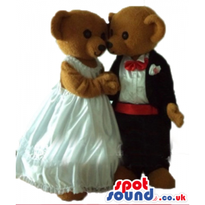 Couple of brown bears wearing a white wedding dress and a black