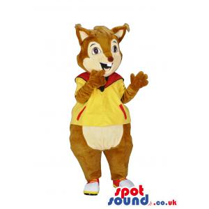 Bunny mascot in a yellow hoody with white and red shoes -