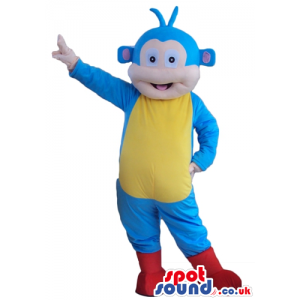 Blue monkey with a yellow belly and red feet - Custom Mascots