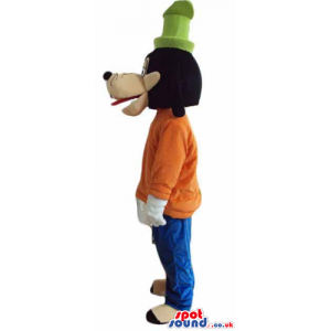 goofy wearing an orange sweater,blue trousers, brown shoes and