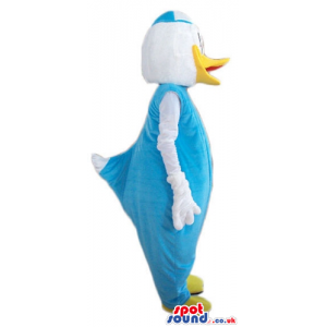 Donald duck wearing a light-blue suit and light-blue and white