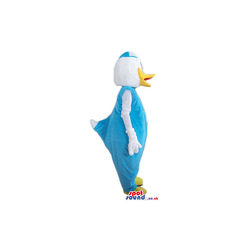 Donald duck wearing a light-blue suit and light-blue and white