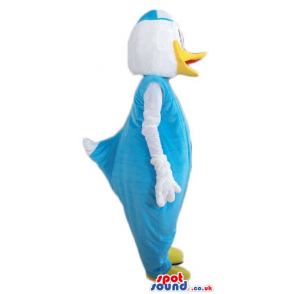 Donald duck wearing a light-blue suit and light-blue and white