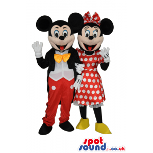 Mickey And Minnie Mascots With Classic Red And Black Garments -