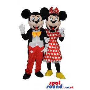 Mickey And Minnie Mascots With Classic Red And Black Garments -