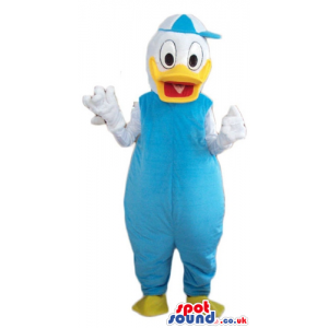 Donald duck wearing a light-blue suit and light-blue and white