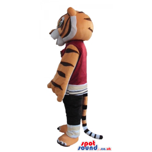 Sporty tiger wearing black trousers and a bordeaux sweater -