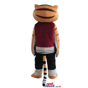 Sporty tiger wearing black trousers and a bordeaux sweater -