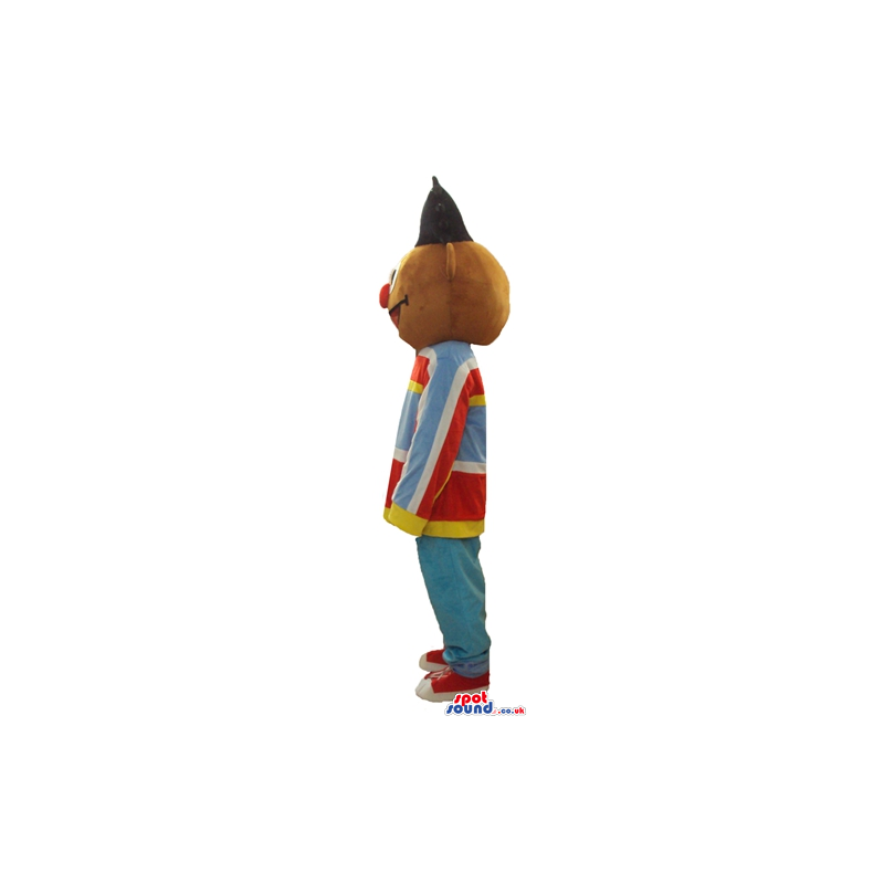 Dark-skinned man with a big red nose and short black hair Dark-skinned man with a big red nose and short black hair