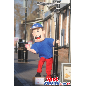 Boy Human Mascot With Red Pants And Blue T-Shirt And Cap -