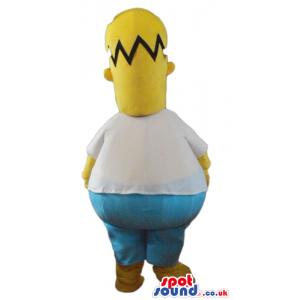 Homer simpson wearing blue jeans, black shoes and a white