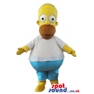 Homer simpson wearing blue jeans, black shoes and a white