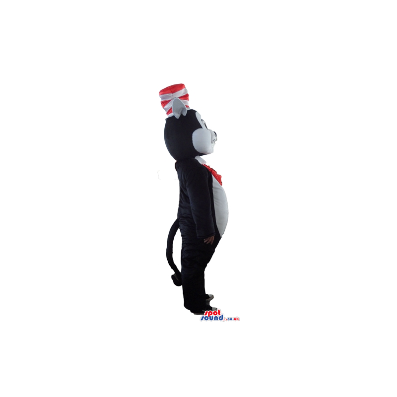 Black and white cat wearing a red and white top hat and a red