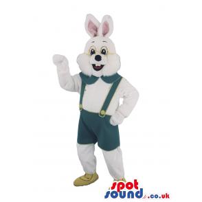 Charming bunny mascot with greenish blue jumper and in brown