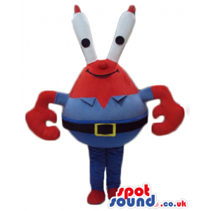 Red crab wearing a blue shirt and blue trousers - Custom Mascots