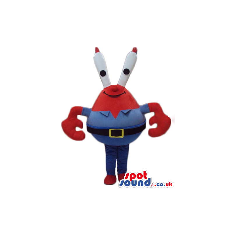 Red crab wearing a blue shirt and blue trousers - Custom Mascots