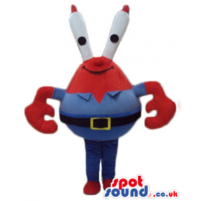 Red crab wearing a blue shirt and blue trousers - Custom Mascots