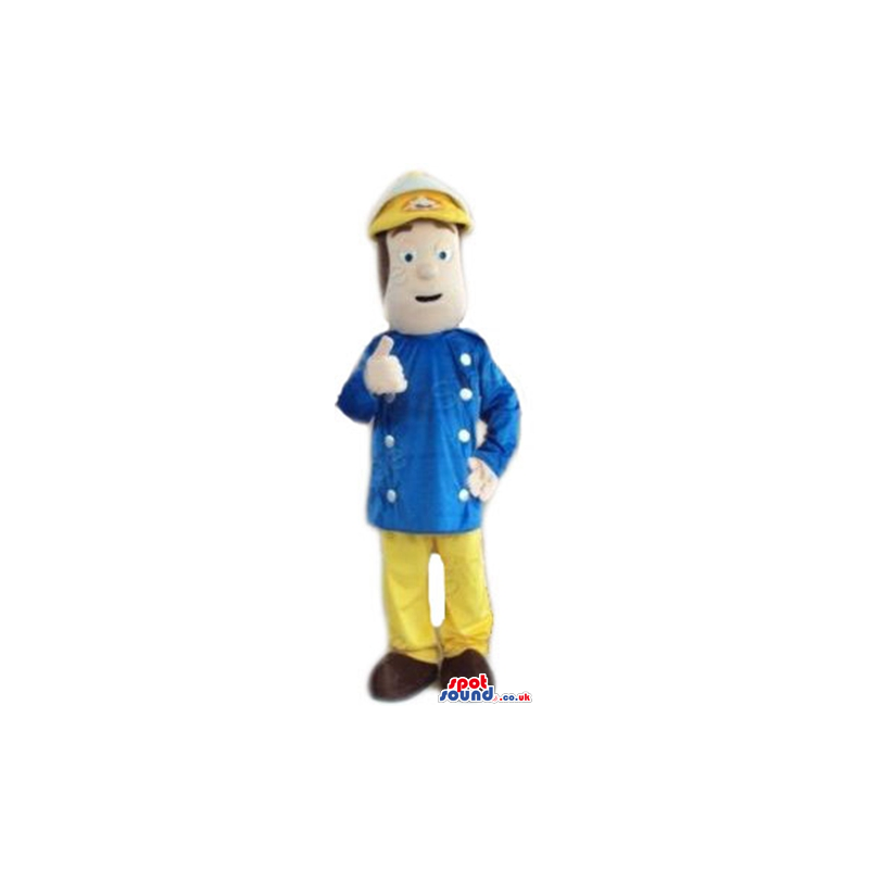 Man wearing a sailor hat, a blue jacket, yellow trousers and