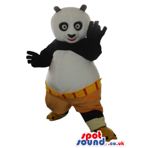 Panda bear wearing brown and orange shorts - Custom Mascots