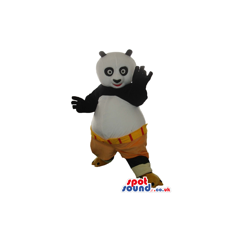 Panda bear wearing brown and orange shorts - Custom Mascots