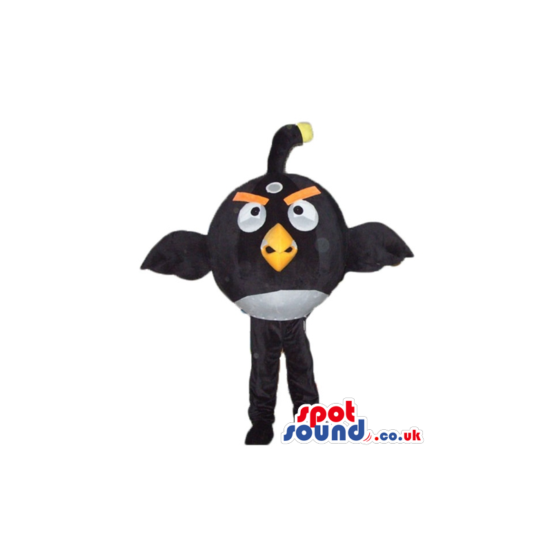 Black angry bird with thick orange eyebrows and a yellow beak -