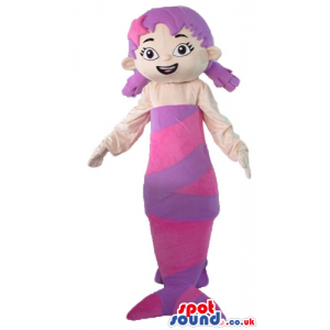 Mermaid with purple hair in two ponytails with a purple and