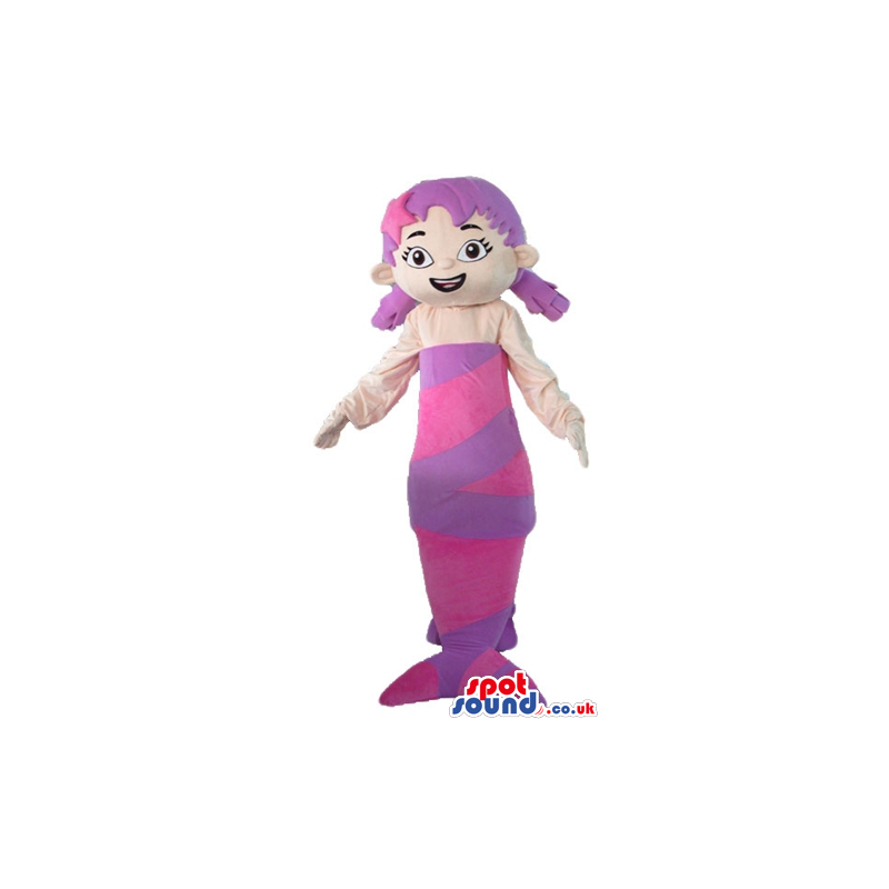 Mermaid with purple hair in two ponytails with a purple and