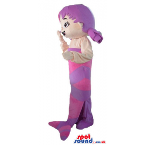 Mermaid with purple hair in two ponytails with a purple and