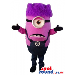 Single-eyed pink minnion with violet hair wearing goggles and