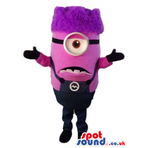 Single-eyed pink minnion with violet hair wearing goggles and