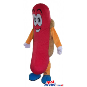 Hot dog with a large red sausage, big eyes and blue shoes -