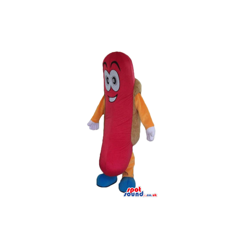 Hot dog with a large red sausage, big eyes and blue shoes -