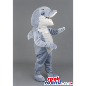 Grey And White Dolphin Mascot With Pink Mouth And Blue Eyes -