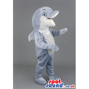 Grey And White Dolphin Mascot With Pink Mouth And Blue Eyes -