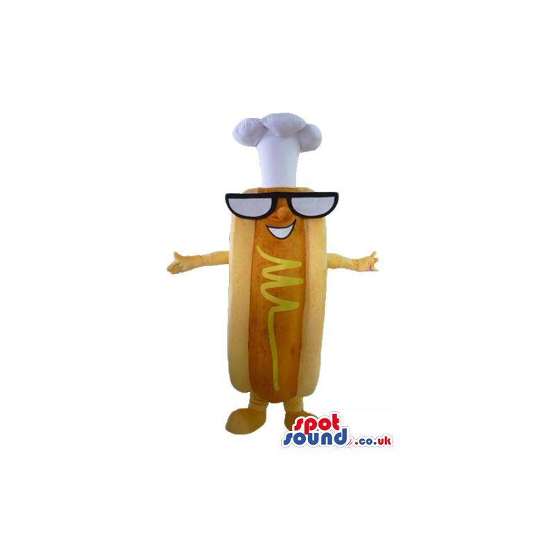 Brown hot dog wearing black glasses and a white chef's cook -