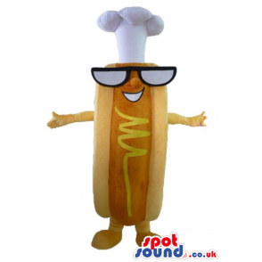 Brown hot dog wearing black glasses and a white chef's cook -