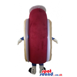 Hot dog with a red sausage, blue arms and legs, black feet and