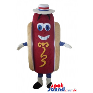 Hot dog with a red sausage, blue arms and legs, black feet and